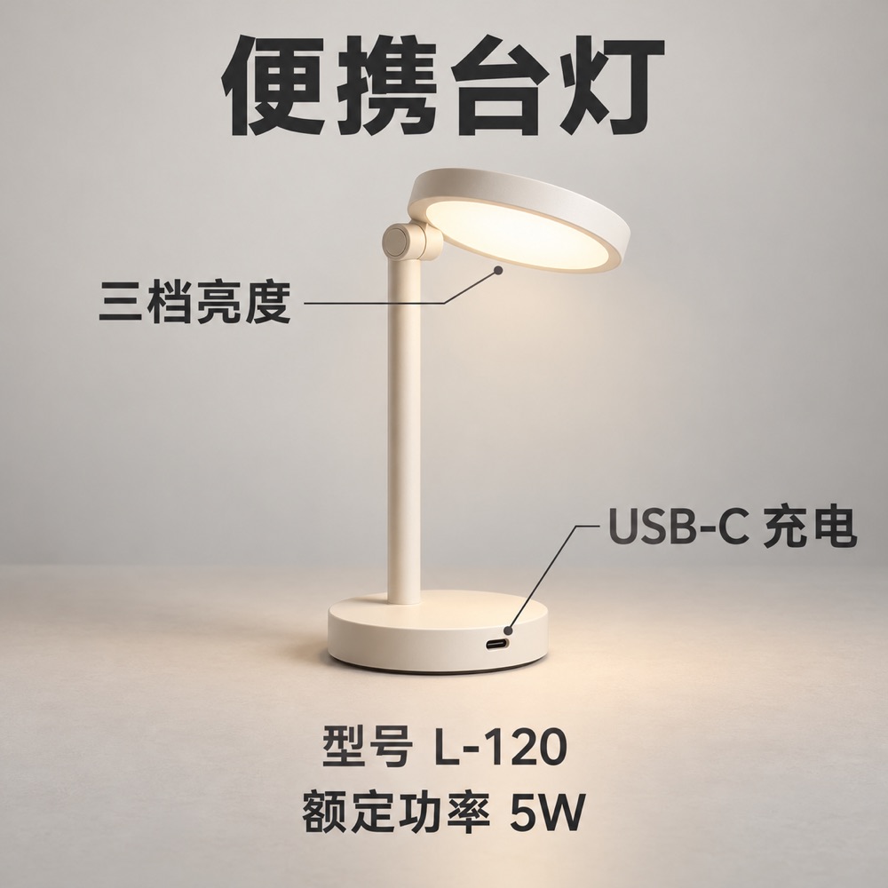 Original desk lamp product image with Chinese headlines, model L-120 and power 5W